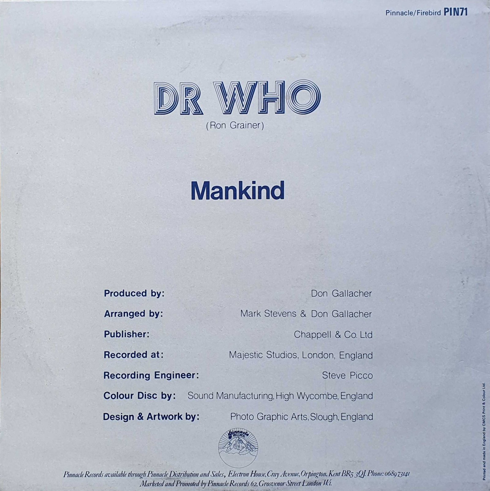 Picture of PIN 71-12 B Doctor Who (Cosmic remix) by artist Ron Grainer / Mark Stevens / Mankind from the BBC records and Tapes library